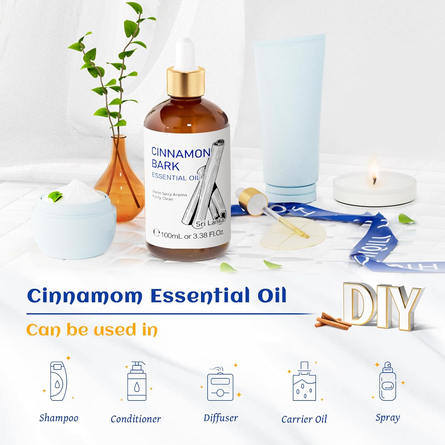 HIQILI 100ML Cinnamon Essential Oil, Pure Natural Premium Oils for Diffuser, Add to Spray Shampoo - 3.38 Fl Oz : Health & Household