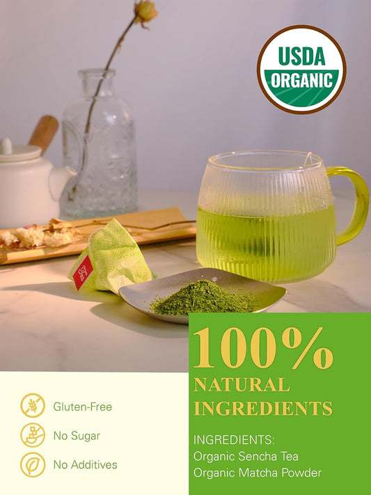 Gldnt Organic Matcha Green Tea Bags, Premium Organic Japanese Matcha + Sencha Green Tea, Rich In Antioxidants, Caffeinated, 100 Count