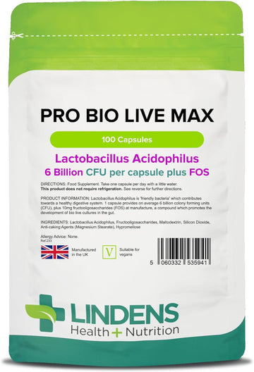 Lindens - Pro Bio Live Max 6 Billion Cfu Capsules - 100 Pack - Uk Made - Contributes To A Healthy Gut And Supports Digestion - Probiotic Vegetarian Capsules - Letterbox Friendly, Vegan