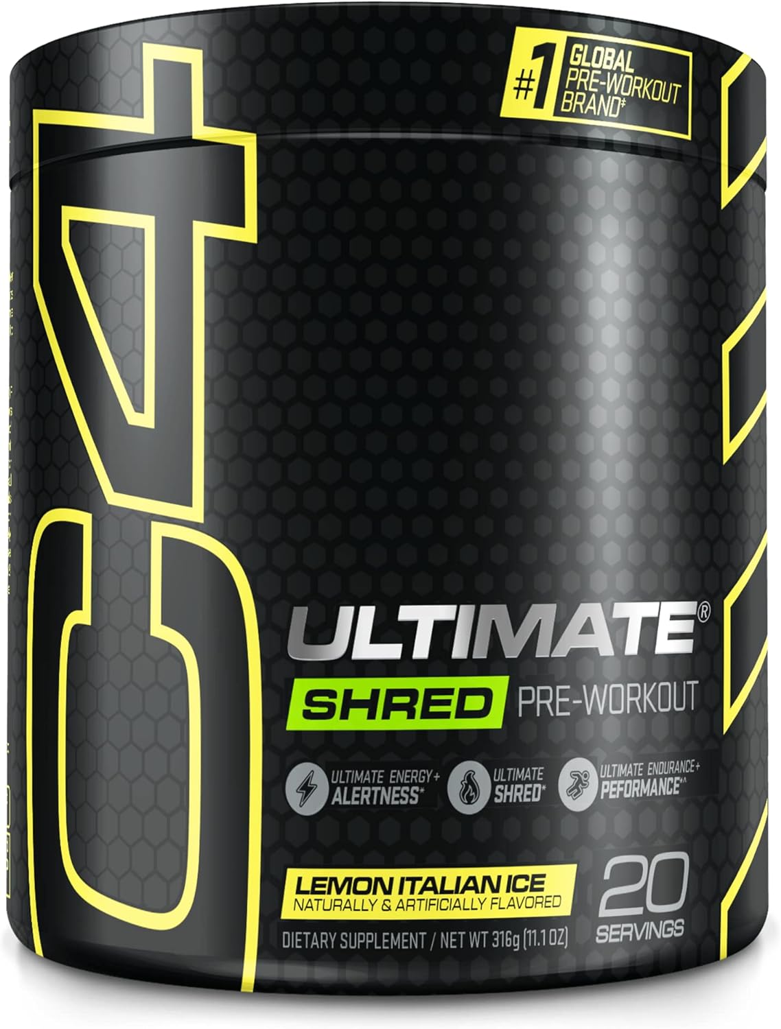 Cellucor C4 Ultimate Shred Pre Workout Powder for Men & Women, Metabolism Supplement with Ginger Root Extract, Lemon Italian Ice, 20 Servings (Pack of 1)