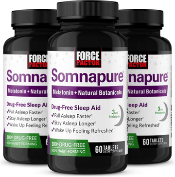 Force Factor Somnapure 3-Pack, Drug-Free Sleep Aid For Adults For Occasional Sleeplessness With Melatonin & Valerian, Non-Habit-Forming Sleeping Pills, Fall Asleep Faster, 180 Tablets