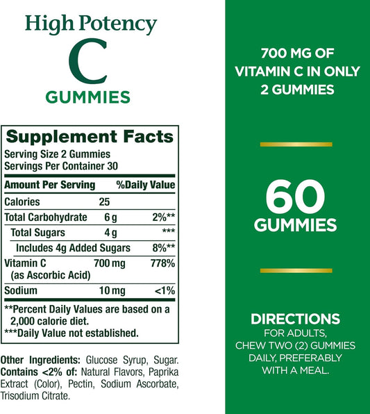 Nature'S Bounty Vitamin C Gummies 700Mg, High Potency Vitamin C Gummies For Adults, Immune Support Supplement, Dietary Supplement, Orange Flavor, 60 Chewable Vitamin C Gummies