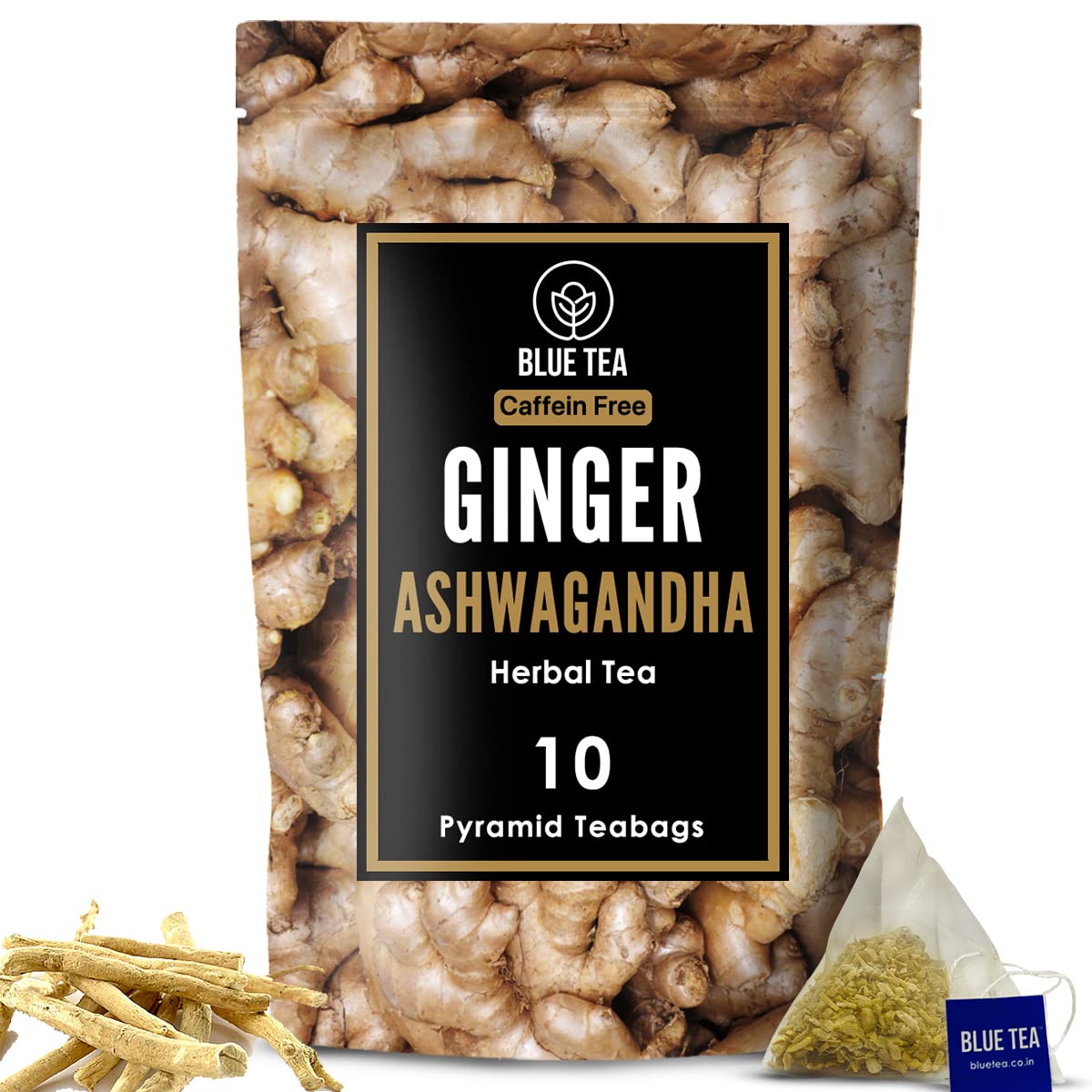 Blue Tea - Ginger Ashwagandha Tea Bags- 10 Pyramid Tea Bags | Ayurvedic Blend | Anti-Oxidant - Herbal Tea - Caffeine-Free - Vegan - Non-Gmo - Gluten Free- Natural Ingredients | Zipper Pack