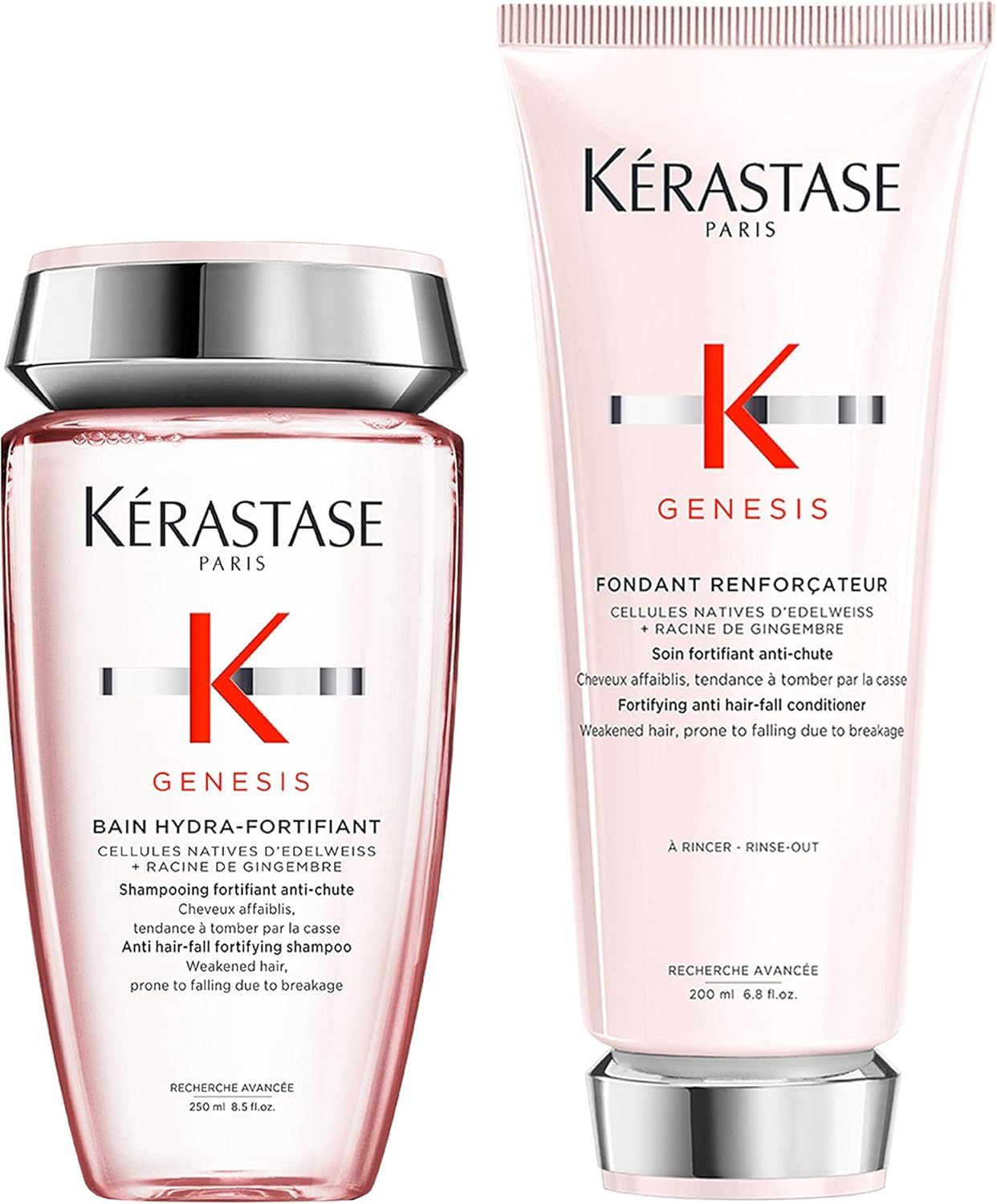 Kérastase Duo Genesis, Nourishing Shampoo & Hydrating Conditioner, For Weakened Hair, With Ginger Root & Edelweiss Flower, Bain Hydra-Fortifiant, 250Ml & Fondant Reinforcateur, 200Ml