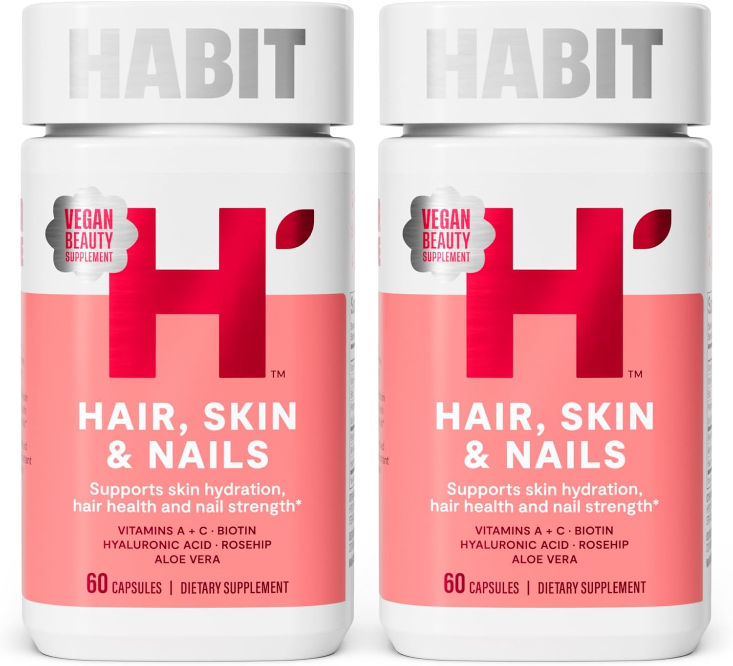 Habit Hair, Skin & Nails Supplement 2 Pack (120 Capsules) - New Look, Supports Skin Hydration, Hair & Nail Strength, Biotin 2000Mcg, Vitamin A & C, Hyaluronic Acid, Rosehip, Vegan, Non-Gmo