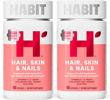 Habit Hair, Skin & Nails Supplement 2 Pack (120 Capsules) - New Look, Supports Skin Hydration, Hair & Nail Strength, Biotin 2000Mcg, Vitamin A & C, Hyaluronic Acid, Rosehip, Vegan, Non-Gmo