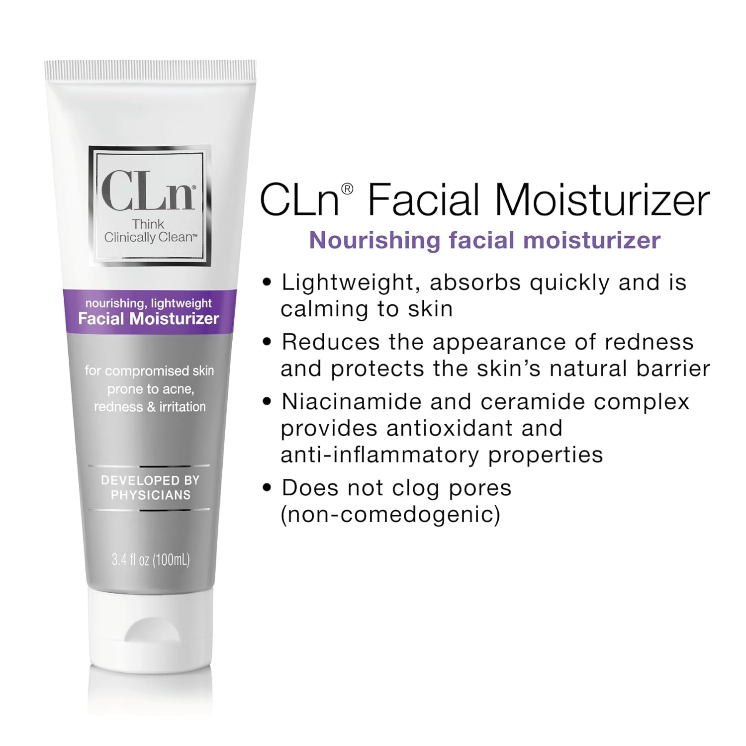 Cln® Facial Moisturizer - Soothes & Calms Skin, Helps Reduce Appearance Of Redness, Locks In Moisture Without Clogging Pores, Dermatologist & Clinically Tested, 3.4 Oz. : Beauty & Personal Care