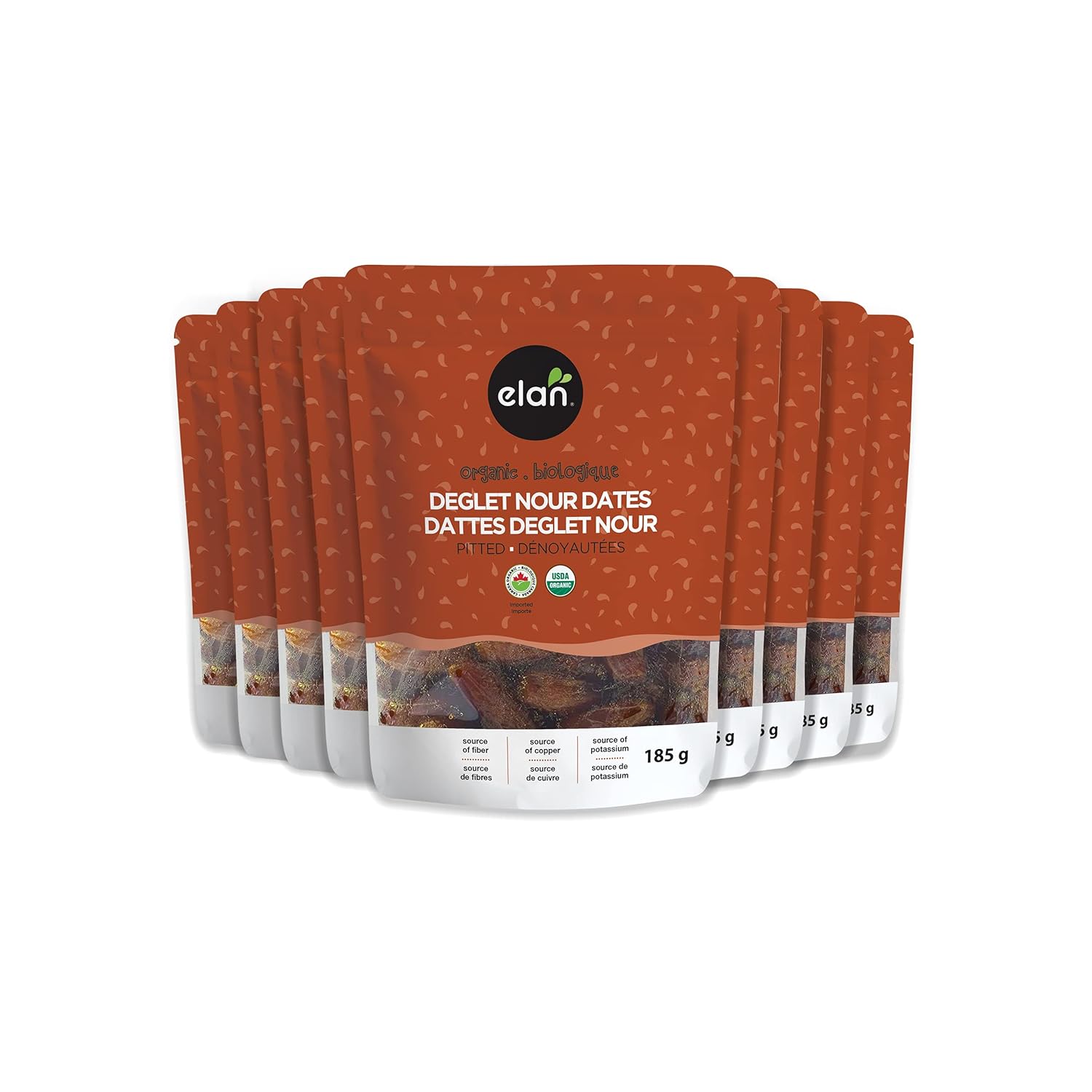 Elan Organic Pitted Dates, Naturally Sweet Dried Fruits, No Pits, No Sugar Added, No Sulphites, Non-Gmo, Vegan, Gluten-Free, Kosher, Deglet Noor Dried Dates, 8 Pack Of 6.5 Oz