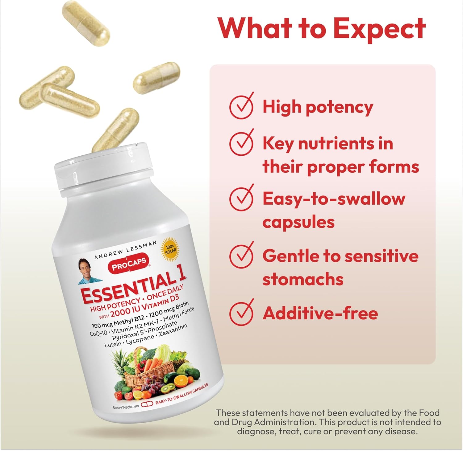 Andrew Lessman Essential-1 Multivitamin 3000 Iu Vitamin D3 30 Small Capsules - 100 Mcg Methyl B12. Coq10 Lutein Lycopene Zeaxanthin. High Potency. No Additives. Ultra-Mild. One Daily Capsule : Health & Household