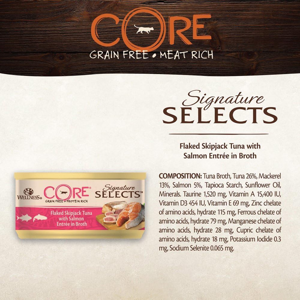 Wellness CORE Signature Selects, Wet Cat Food, Cat Food Wet In Sauce, Grain Free Cat Food, High Meat Content, Flaked Skipjack Tuna & Salmon, 24 X 79 G :Pet Supplies