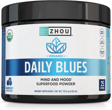 Zhou Nutrition Usda Organic Blue Spirulina Powder With Ksm-66 Ashwagandha And Blueberry, Organic Superfood Powder, Antioxidants, Fiber, Mental Energy, Sleep, Digestion, Non-Gmo, Vegan, 25 Servings