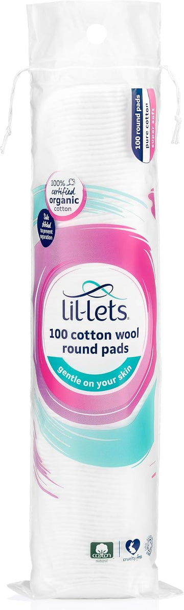 Lil-Lets Cotton Wool Round Pads, 100 Count, Certified Organic, 100% Pure Cotton Wool, Soft and Absorbent, Gentle on Skin, Dermatologically Tested