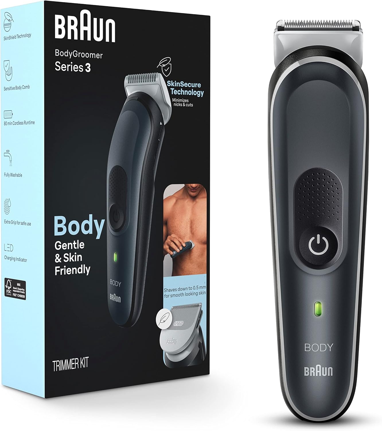 Braun Body Groomer Series 3 3340, Body Groomer For Men, For Chest, Armpits, Groin, Manscaping & More, Incl. 2 Combs For 1 Mm - 3 Mm Lengths, Skinsecure Technology For Gentle Use, Washable