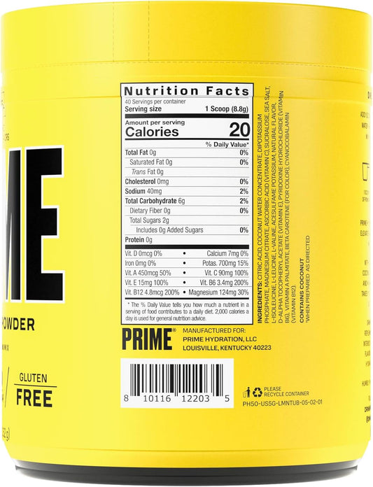 Prime Hydration+ Powder Lemonade, Caffeine-Free, Electrolyte Drink Mix, 12.41 Oz