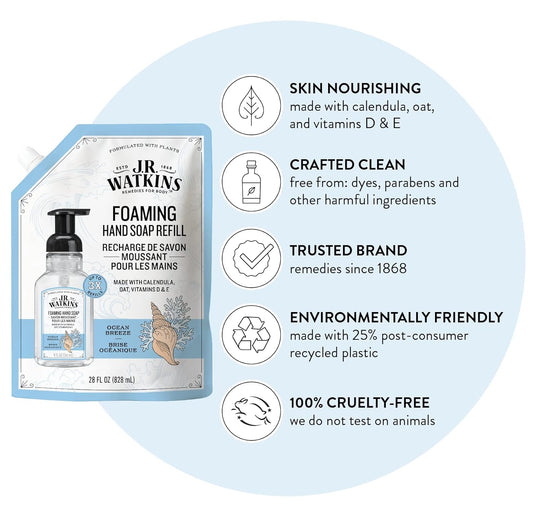 J.R. Watkins Foaming Hand Soap Refill, Moisturizing Foam Hand Wash, All Natural, Alcohol-Free, Cruelty-Free, Usa Made, Ocean Breeze, 28 Fl Oz, 3 Pack