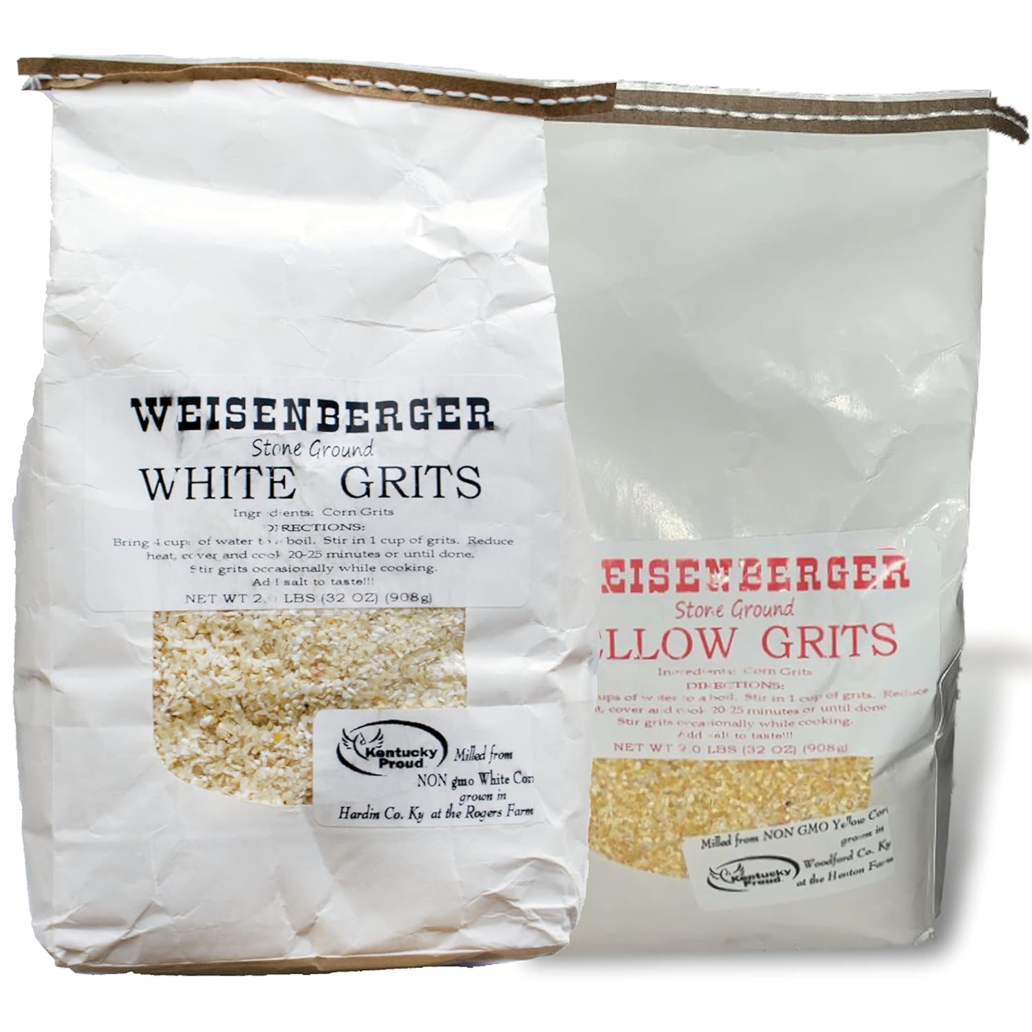 Weisenberger Stone Ground Grits - Authentic, Old Fashioned, Southern Style Corn Grits - Local Kentucky Proud Product - Non GMO Course Ground Cornmeal Grits - White and Yellow, 2 lb - 2 Pack