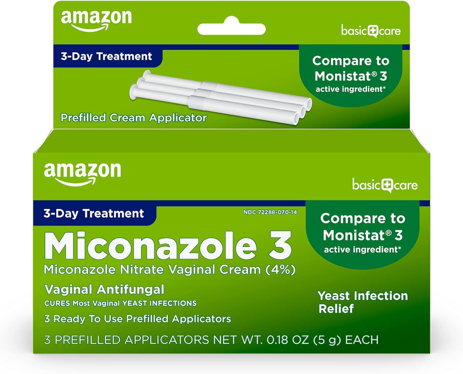 Amazon Basic Care Miconazole 3, Miconazole Nitrate Vaginal Cream (4 Percent), 3-Day Treatment, Yeast Infection Treatment For Women, 0.18 ounce (Pack of 3)