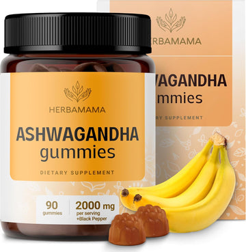 Herbamama Ashwagandha Gummies With Black Pepper - 2000 Mg Pure Ashwagandha Extra Strength - Calming Supplements For Adults - Vegan, Gelatin-Free, Non-Gmo - 90 Mango-Flavored Chews