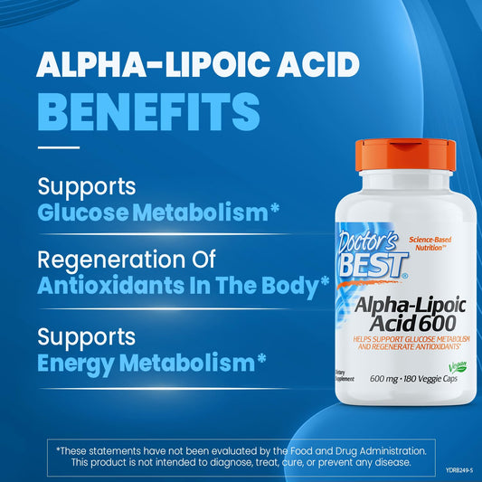 Doctor's Best Alpha-Lipoic Acid 600, Helps Support Glucose Metabolism and Regenerate Antioxidants* Non-GMO, Gluten Free, Vegan, Soy Free, 180 Veggie Caps