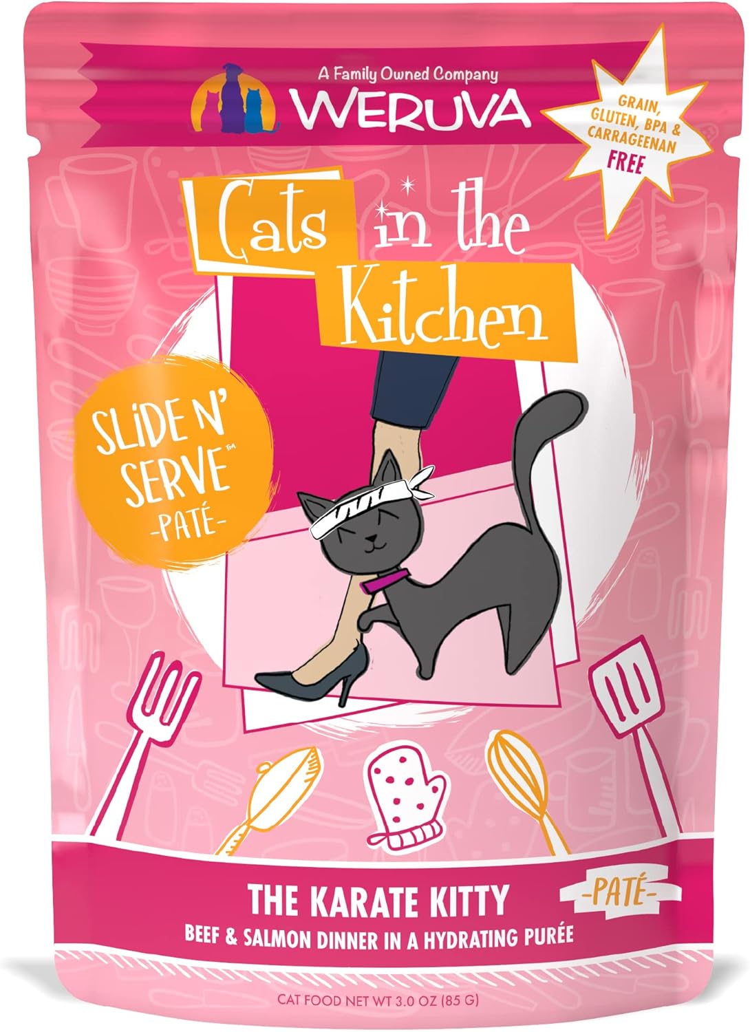 Weruva Cats In The Kitchen Paté, The Karate Kitty With Beef & Salmon, 3Oz Pouch (Pack Of 12)