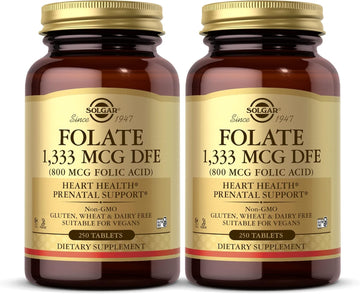 Solgar Folate 1,333 Mcg Dfe (800 Mcg Folic Acid) - 250 Tablets, Pack Of 2 - Heart Health, Prenatal Support - Non-Gmo, Vegan, Gluten Free, Dairy Free, Kosher - 500 Total Servings