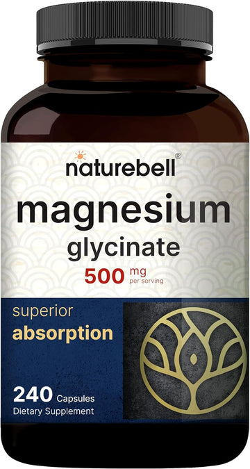 NatureBell Magnesium Glycinate Capsules 500mg | 240 Count, 100% Chelated & Purified, 3rd Party Tested, Non-GMO & Gluten Free