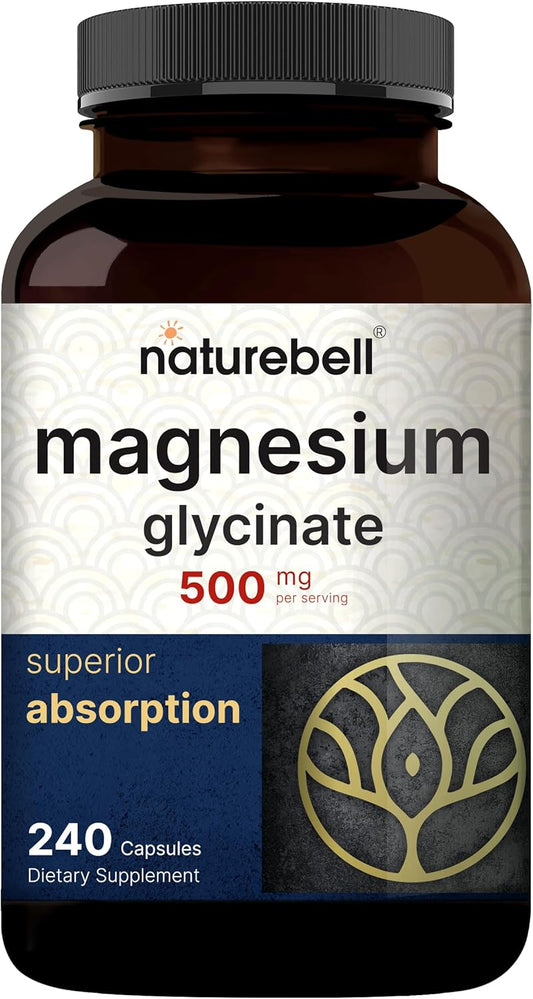 Naturebell Magnesium Glycinate Capsules 500Mg & Myco Guardians 10 In 1 Mushroom Powder 10Oz Bundle Pack | Chelated & Purified Mineral | Immune Booster & Brain Health Support