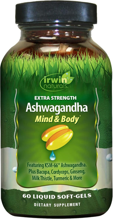 Irwin Naturals Extra Strength Ashwagandha Mind & Body Adaptogenic Herbs Supports Stress Response, Mood, Mental & Physical Performance With Cordyceps, Turmeric, Bioperine & More - 60 Liquid Softgels