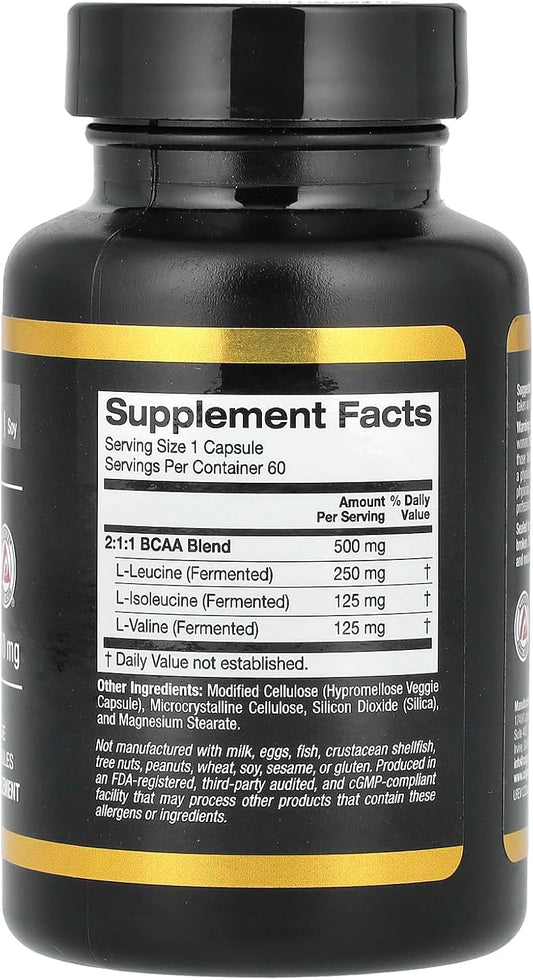 California Gold Nutrition Bcaa, Ajipure® Branched Chain Amino Acids 2:1:1 With L-Leucine, L-Isoleucine, And L-Valine, 500 Mg, 60 Veggie Capsules
