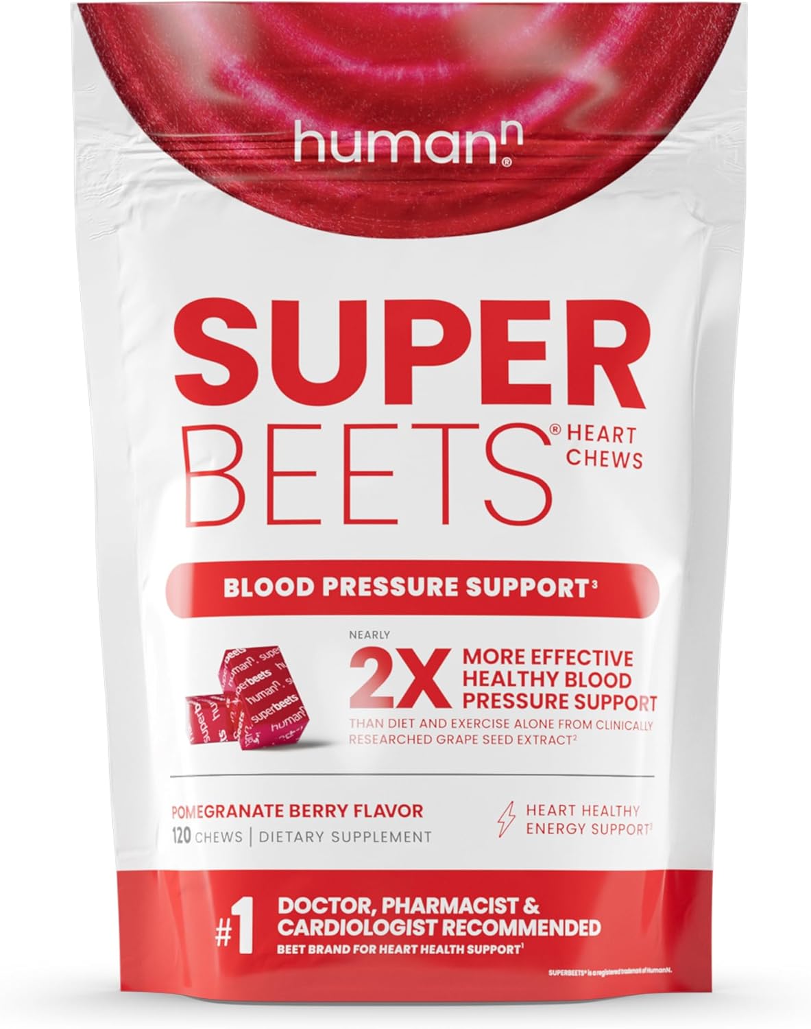 Humann Superbeets Heart Chews - Nitric Oxide Production And Blood Pressure Support - Grape Seed Extract & Non-Gmo Beet Energy Chews - Pomegranate Berry Flavor - 120 Count