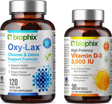 Biophix Oxy-Lax 750 Mg 120 Vcaps - Free Vitamin D-3 5000 Iu 30 Softgels - Natural Magnesium Oxide Oxygen Based Colon Cleanse Gentle Laxative Supports Healthy Digestive Tract Regularity