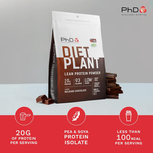 Phd Nutrition Diet Plant, Vegan Protein Powder Plant Based, Belgian Chocolate, High Plant Protein, 20 Servings Per 500G Bag