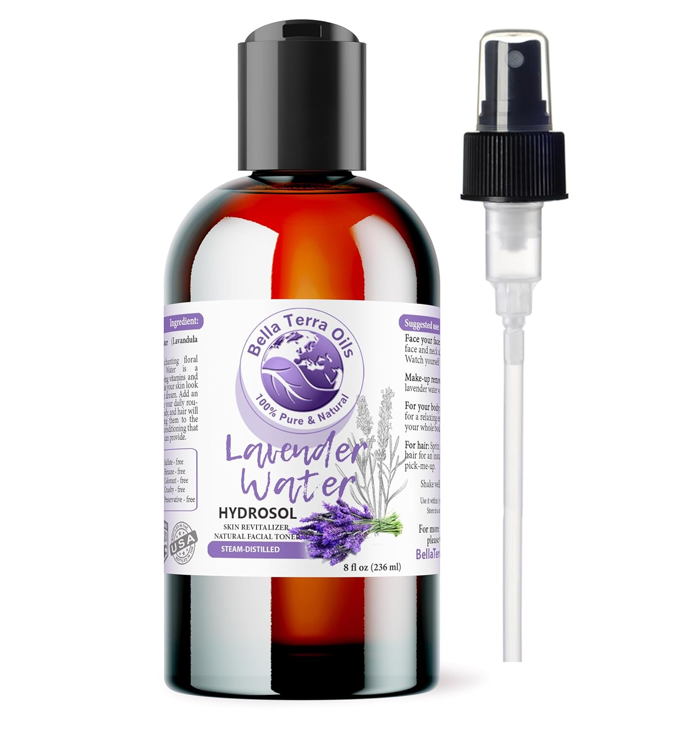 Bella Terra Oils - Lavender Hydrosol 8 oz - Naturally Packed with Antioxidants & Flavonoids, Luxurious Hydrosol Water for Skin's Natural Balance