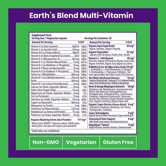 Paradise Herbs Earth'S Blend Once Daily Multivitamin For Men, No Iron, 48 Organic Superfoods, Probiotics, Antioxidants, Vitamins A, B12, C, D, K2, 30 Count