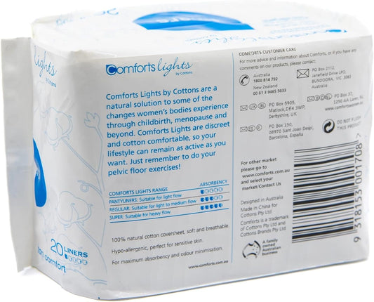 Cottons Comforts Lights Incontinence Liners for Women, Pack of 20, Light Flow