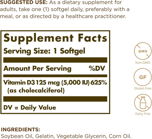 SOLGAR Vitamin D3 (Cholecalciferol) 10 MCG (400 IU) - 100 Softgels, Pack of 2 - Helps Maintain Healthy Bones & Teeth - Immune System Support - Non-GMO, Gluten Free, Dairy Free - 200 Total Servings