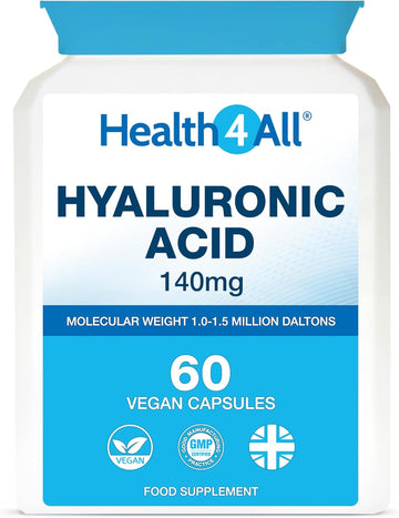 Health4All Hyaluronic Acid 140Mg, 60 Capsules 2 Months Supply, 1.0-1.5 Million Daltons For Radiant Skin, Hair And Joint Support | High Strength Vegan Supplement With Glucoronic Acid | Made In Uk