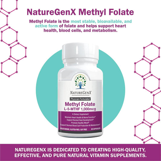 NatureGenX Methylfolate MTHRF Supplement - 1000 mcg Bioactive Vitamin B9 (5-MTHF) - Supports Pregnancy & Fetal Health - 60 Capsules - Gluten-Free