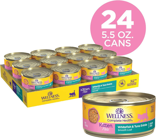 Wellness Complete Health Grain-Free Wet Canned Kitten Food, Natural Ingredients, Made With Real Meat, All Breeds, Smooth Pate (Kitten, Whitefish, 5.5-Ounce Can, Pack Of 24)