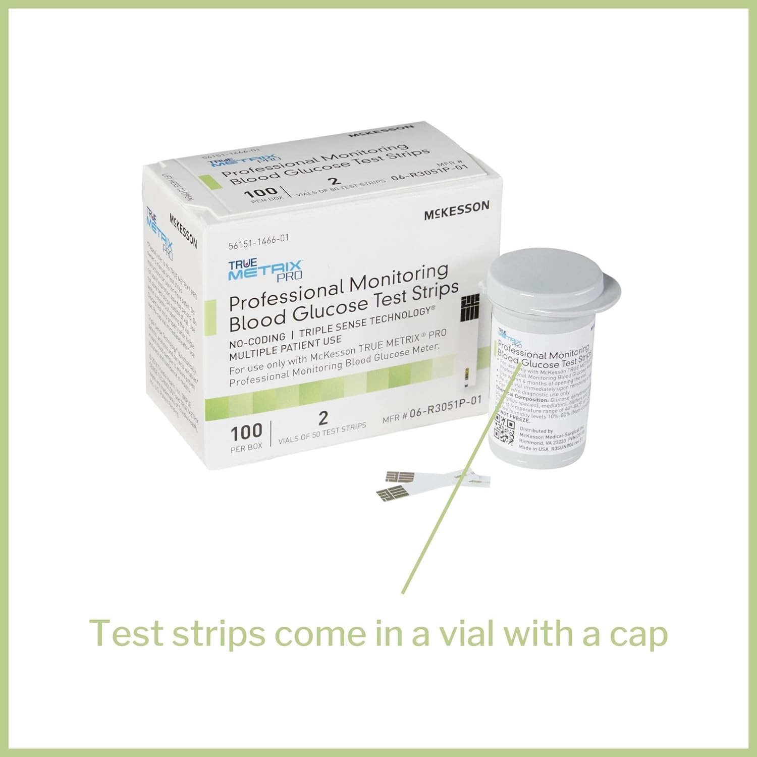 McKesson True METRIX PRO Professional Monitoring Blood Glucose Test Strips - No Coding, Triple Sense Technology, Multiple Patient Use - Vials of Strips, 100 Strips, 1 Pack