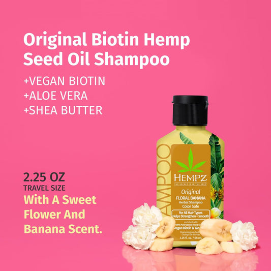 Hempz Biotin Hair Shampoo - Original Floral & Banana - For All Hair Types Growth & Strengthening Damaged Hair - Travel Size 2.25 Fl Oz