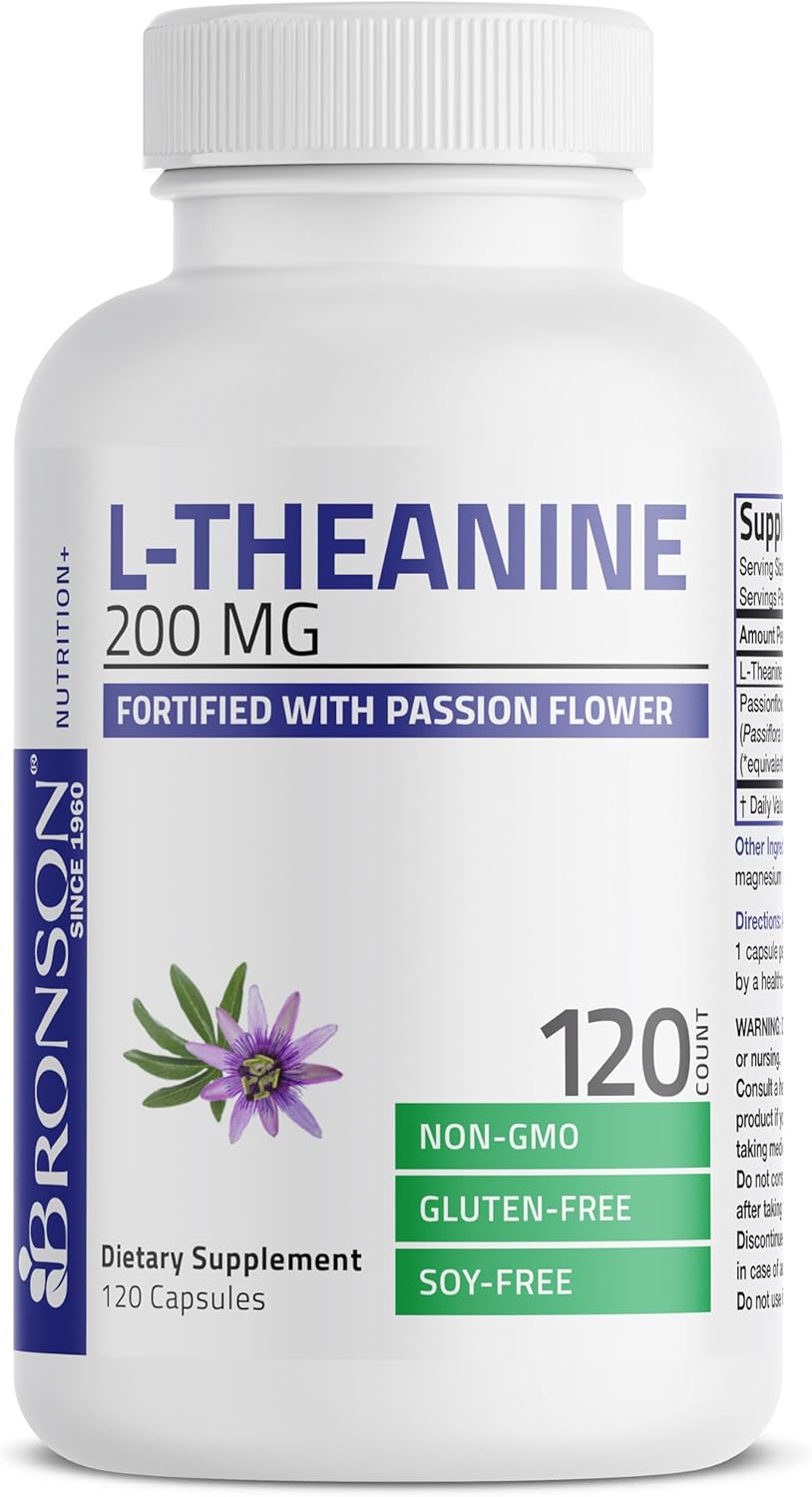 Bronson L-Theanine 200mg (Double-Strength) with Passion Flower Herb, Non-GMO Gluten-Free Soy-Free Stress Management Supplement, 120 Capsules