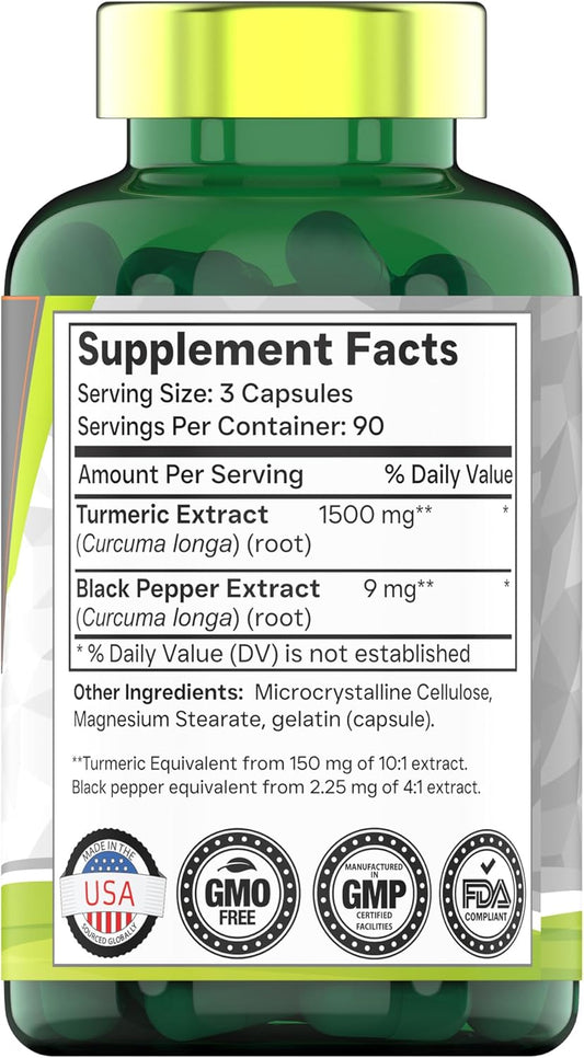 Turmeric Curcumin Capsules With Black Pepper | 1500 Mg - 270 Capsules | Bulk Size - 3 Month Supply! | Golden Turmeric Curcumin Supplement With Black Pepper | Non-Gmo | Produced In The Usa