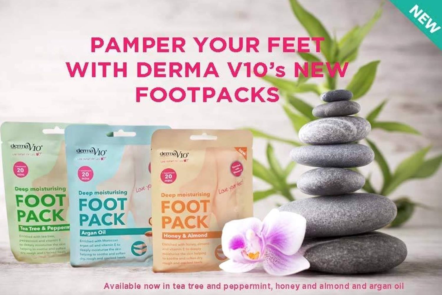 Derma V10 Foot Pack Mask (6 Pack) Deep Moisturising (Tea Tree & Peppermint, Honey & Almond, Argan Oil)
