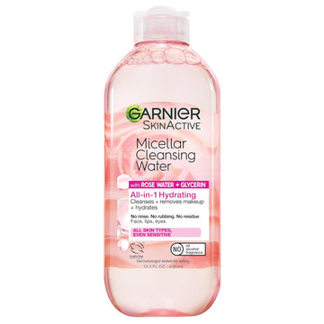 Garnier Micellar Water with Rose Water and Glycerin, Facial Cleanser & Makeup Remover, All-in-1 Hydrating, 13.5 Fl Oz (400mL), 1 Count (Packaging May Vary)