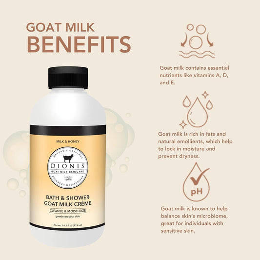 Dionis Goat Milk Skincare Milk & Honey Bath Soap & Liquid Shower Crème, Skin Moisturizer & Hydrating Body Wash Made In The Usa, Cruelty Free Shower Gel For Sensitive Skin, 14.5 Oz Bottle