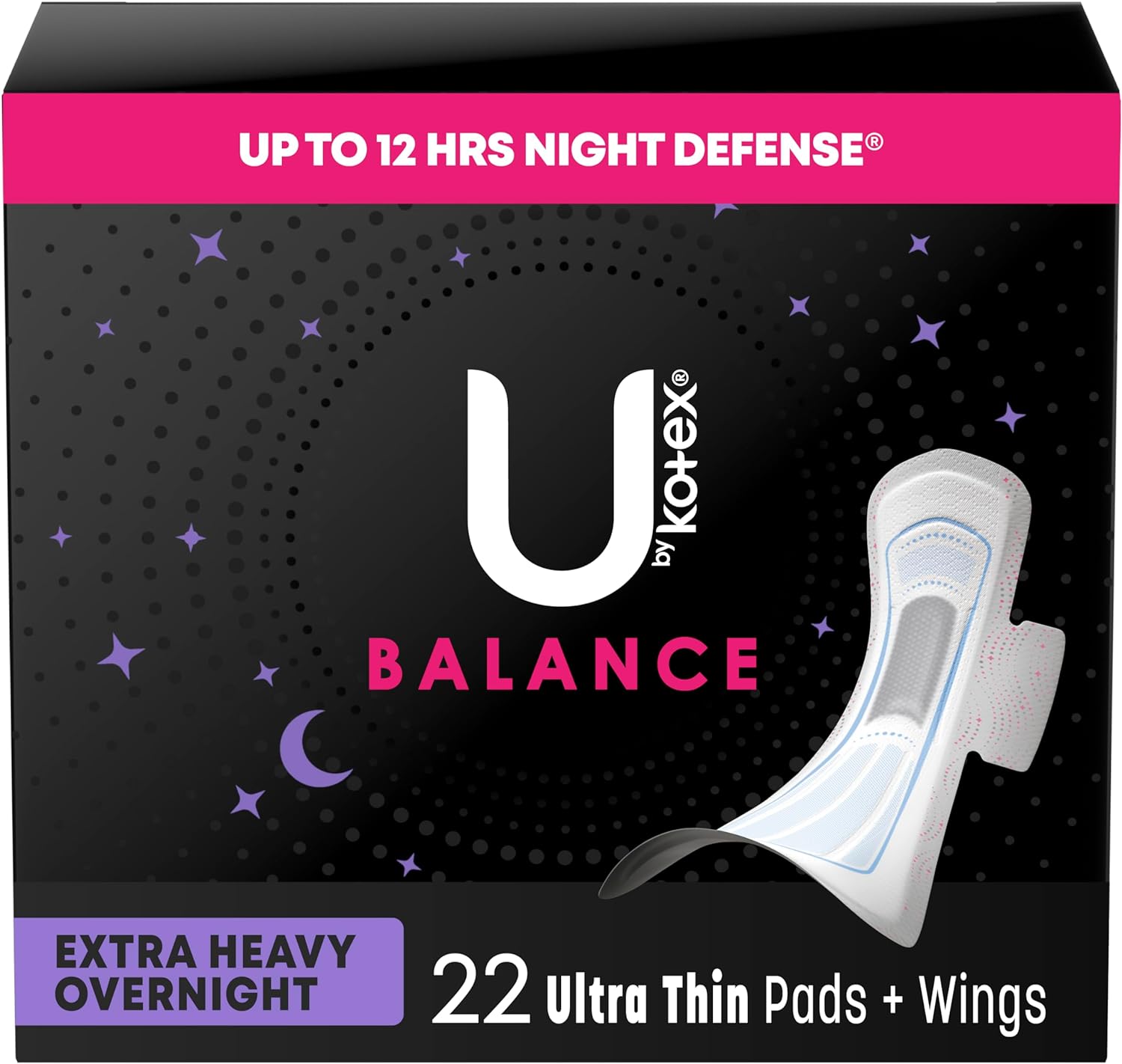 U by Kotex Balance Ultra Thin Overnight Pads with Wings, Extra Heavy Absorbency, 22 Count (Packaging May Vary)