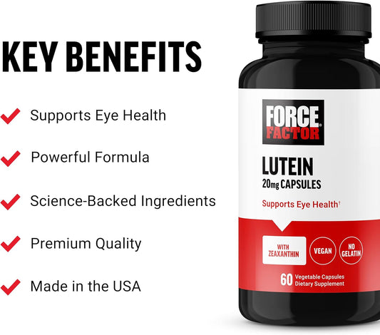 FORCE FACTOR Lutein and Zeaxanthin Supplements, Eye Vitamins with Lutein 20mg, Eye Health Supplements for Adults, Ingredients Backed by Science, Vegan, Gelatin Free, 60 Vegetable Capsules