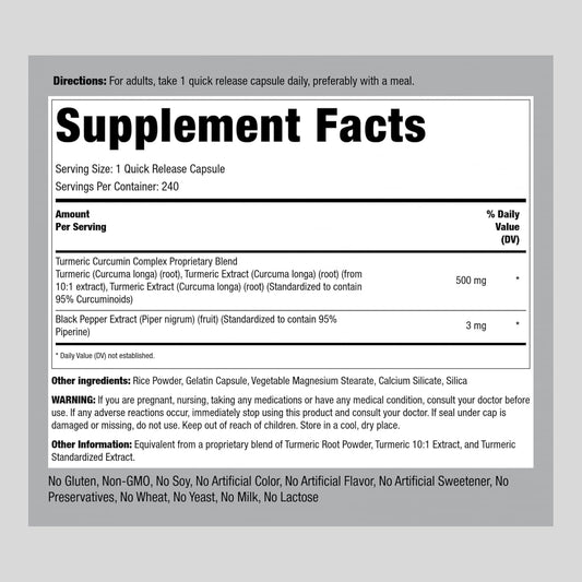 Piping Rock Turmeric Curcumin with Black Pepper 500 mg | 240 Capsules | Bioperine Supplement | Standardized Complex Extract | Non-GMO, Gluten Free