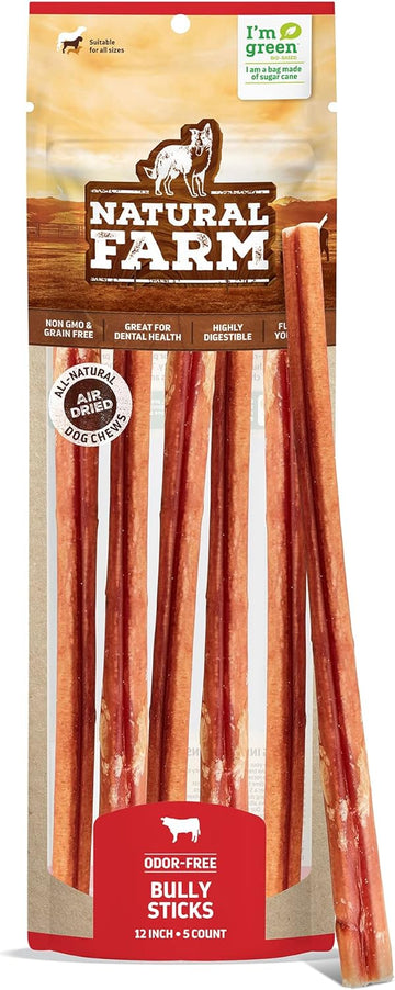 Natural Farm Bully Sticks, Odor-Free (12 Inch, 5 Count), 8.8 Oz. Per Bag, 100% Beef Chews, Grass-Fed, Non-Gmo, Fully Digestible Dental Treats To Keep Your Small And Medium Dogs Busy And Happy